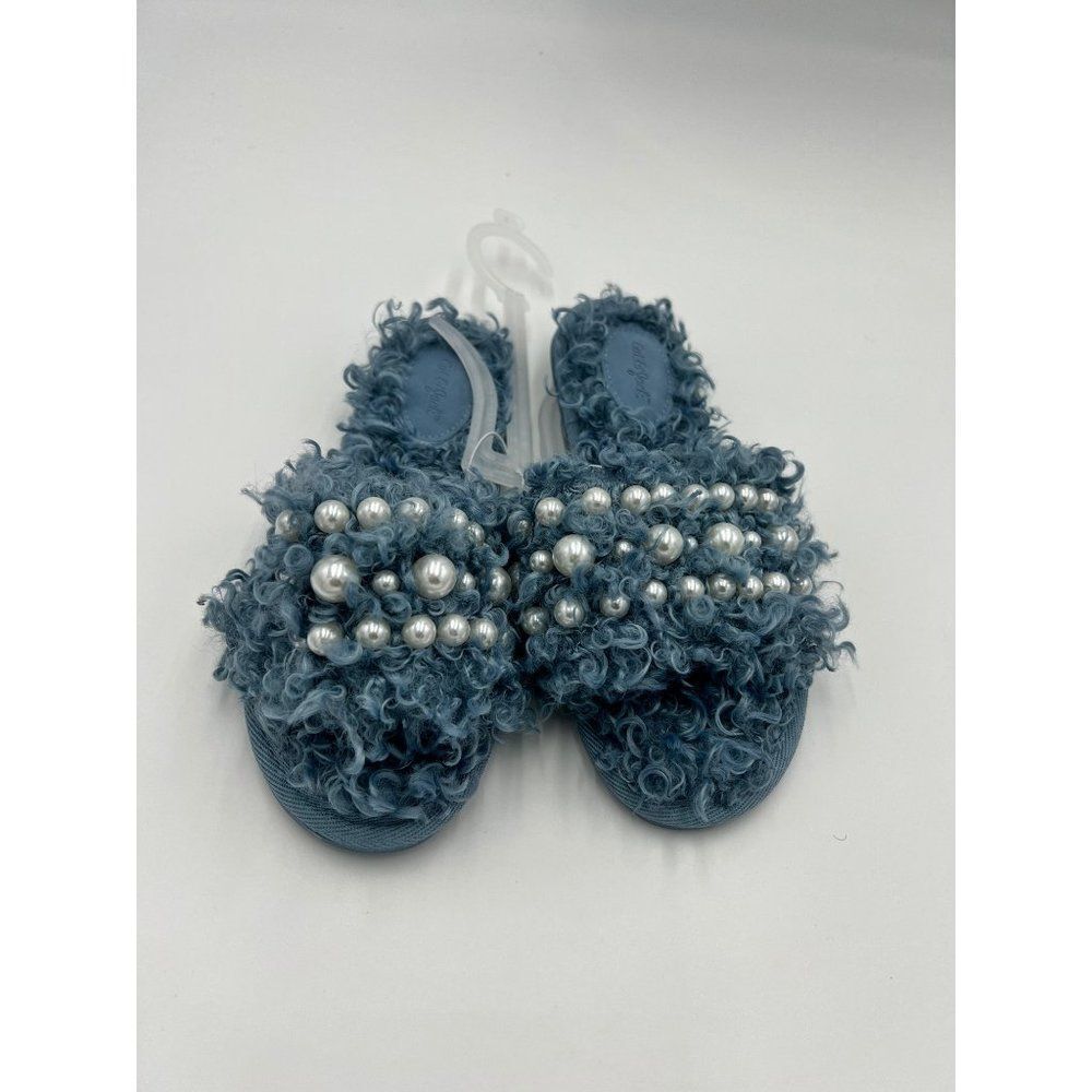 Cat Jack Girls Fuzzy Slippers Pearls Blue Size 3 Slides Faux Fur NWT